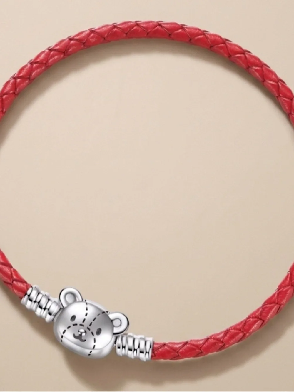 Kids Red Braided Leather Bracelet with Silver Teddy Charm